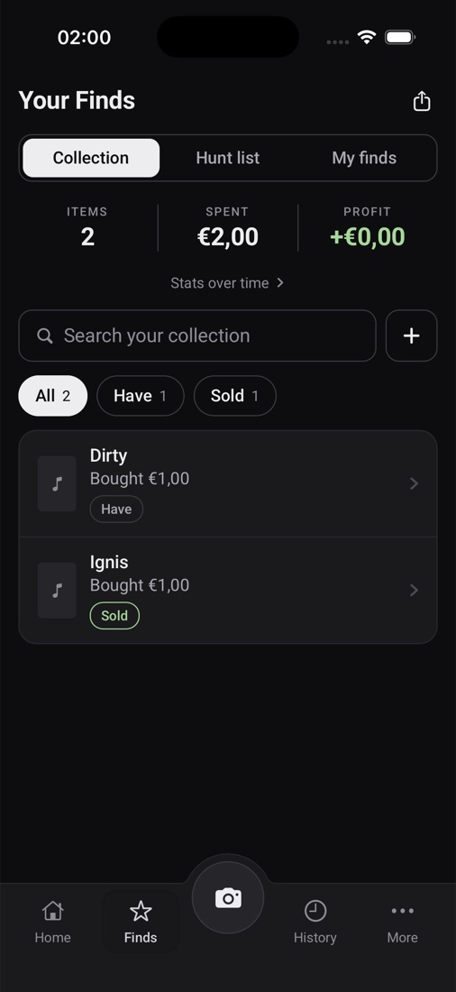 Your finds: collection, hunt list and best finds
