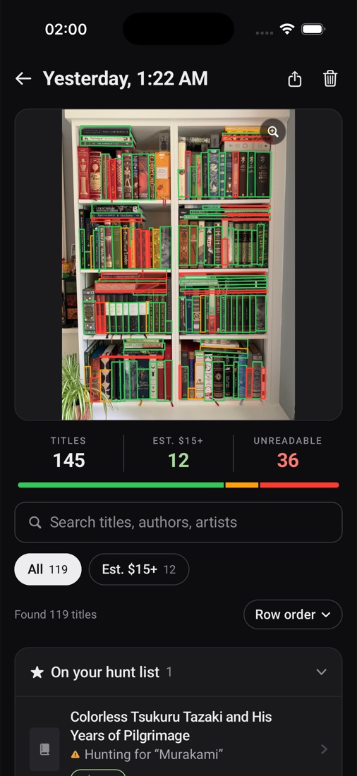 A scan: the bookcase photo with outlines and the list of titles